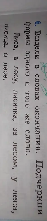 Выдели в словах окончания. Подчеркни формы одного и того же слова.