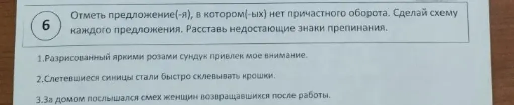 Отметь предложения, в которых нет причастного оборота, сделай схему каждого предложения и расставь недостающие знаки препинания.