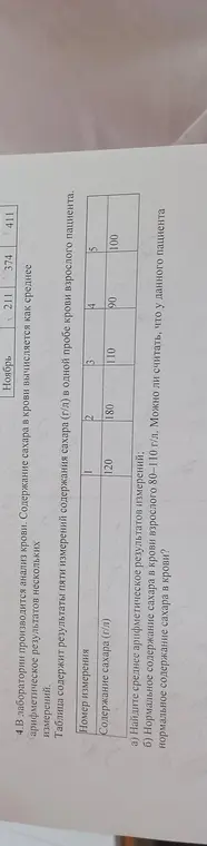 Найди среднее арифметическое результатов измерений и ответь, можно ли считать, что у данного пациента нормальное содержание сахара в крови?