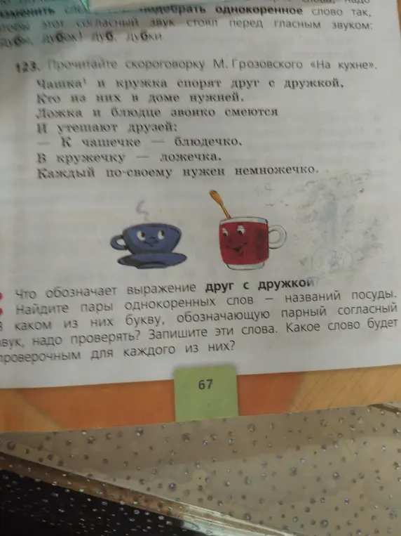 Найди пары однокоренных слов – названий посуды. В каком из них букву, обозначающую парный согласный звук, надо проверять? Запиши эти слова. Какое слово будет проверочным для каждого из них?