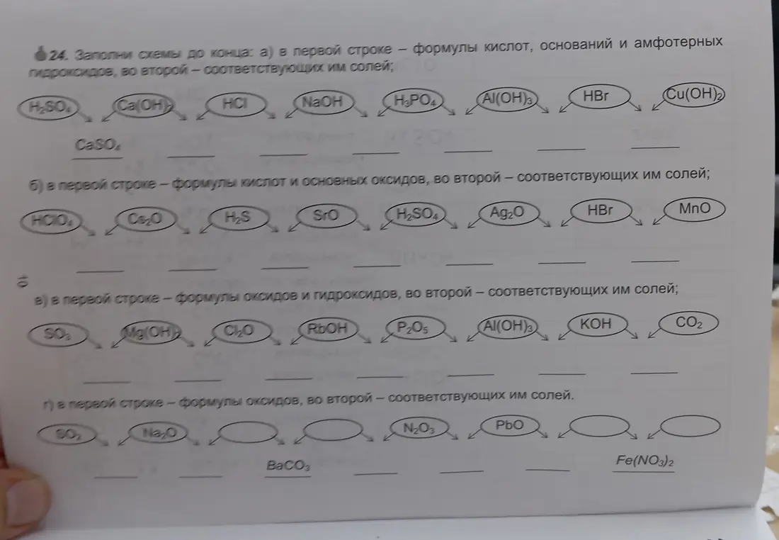 Заполни схемы до конца: в первой строке - формулы кислот, оснований и амфотерных гидроксидов, во второй соответствующих им солей; формулы кислот и основных оксидов, во второй - соответствующих им солей; формулы оксидов и гидроксидов, во второй - соответствующих им солей; формулы оксидов, во второй - соответствующих им солей.