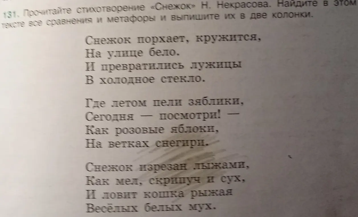 Найди в стихотворении «Снежок» сравнения и метафоры и выпиши их в две колонки.