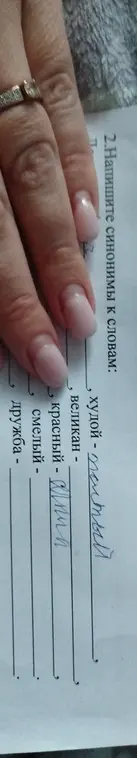 Напиши синонимы к словам: худой, великан, красный, смелый, дружба.
