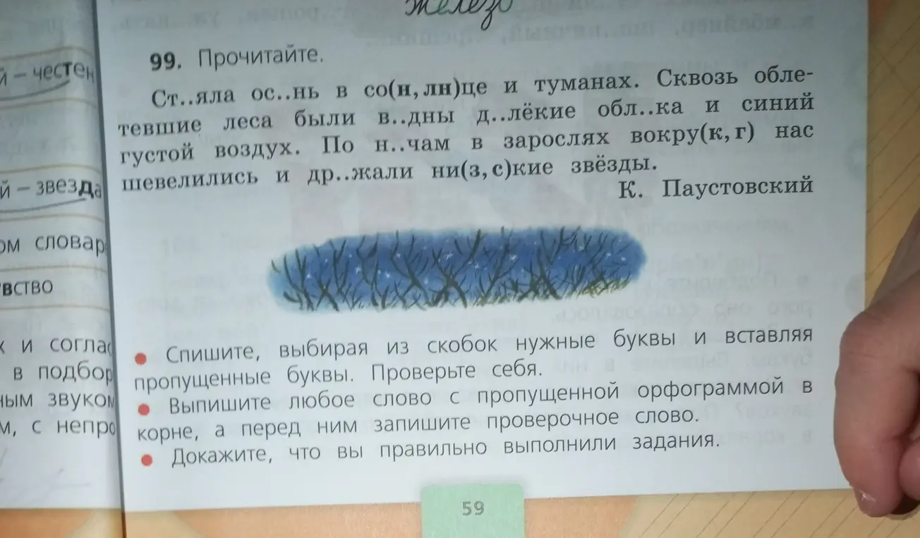 Прочитай текст. Спиши, выбирая из скобок нужные буквы и вставляя пропущенные буквы. Проверь себя. Выпиши любое слово с пропущенной орфограммой в корне, а перед ним запиши проверочное слово. Докажи, что ты правильно выполнил задания.