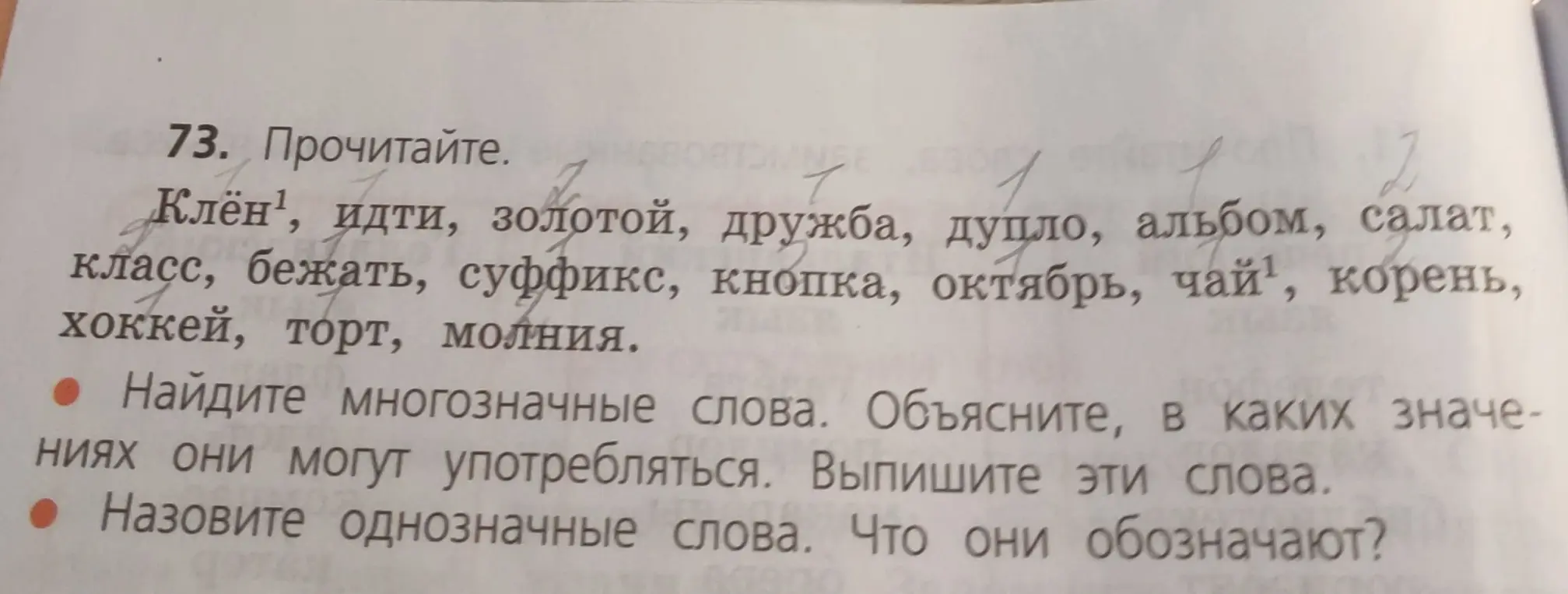 Найди многозначные и однозначные слова из списка, объясни значения однозначных.