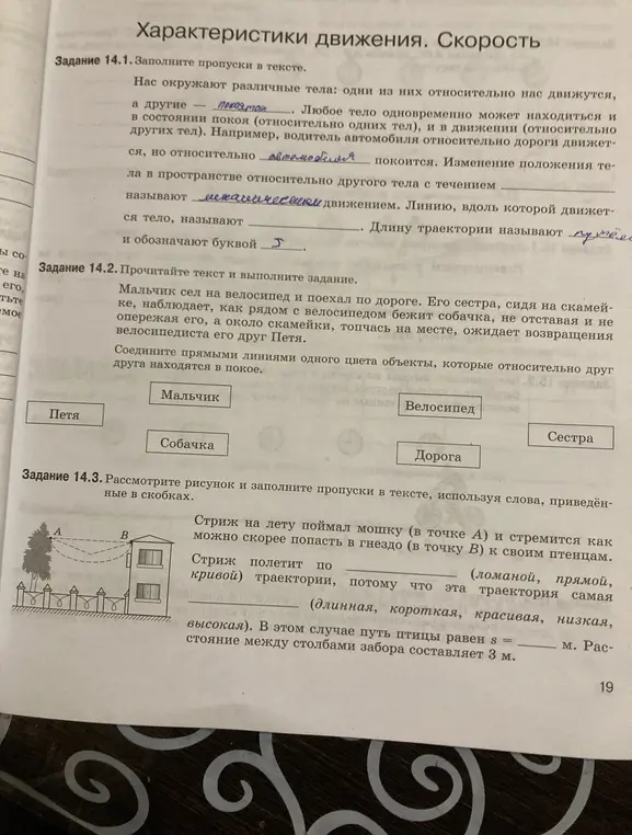 Заполни пропуски в тексте про характеристики движения и скорость, соедини объекты в покое и выбери траекторию стрижа.