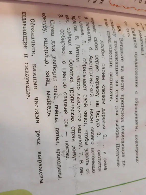Вставь на место пропусков подходящие по смыслу подлежащие из слов для выбора. Полученные предложения запиши. Обозначь, какими частями речи выражены подлежащие и сказуемые.