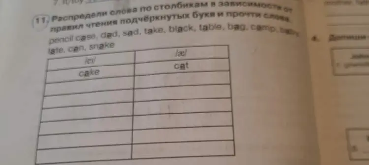 Распредели слова по столбикам в зависимости от правил чтения подчёркнутых букв и прочти слова: pencil case, dad, sad, take, black, table, bag, camp, baby, late, can, snake.