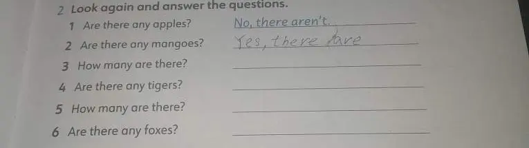 Ответь на вопросы по картинке: 3. How many are there?, 4. Are there any tigers?, 5. How many are there?, 6. Are there any foxes?