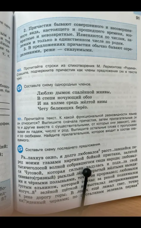 Прочитай строки из стихотворения М. Лермонтова «Родина». Спиши, подчеркни причастия как члены предложения (их в тексте три). Составь схему однородных членов.