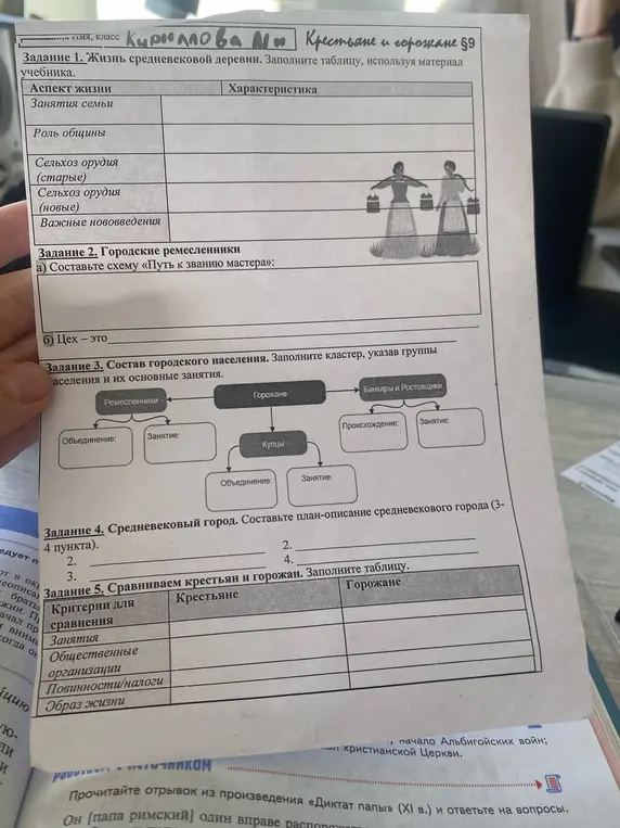 Заполни таблицу про жизнь средневековой деревни, составь схему «Путь к званию мастера», дай определение цеху, заполни кластер про состав городского населения, составь план-описание средневекового города и заполни таблицу сравнения крестьян и горожан.
