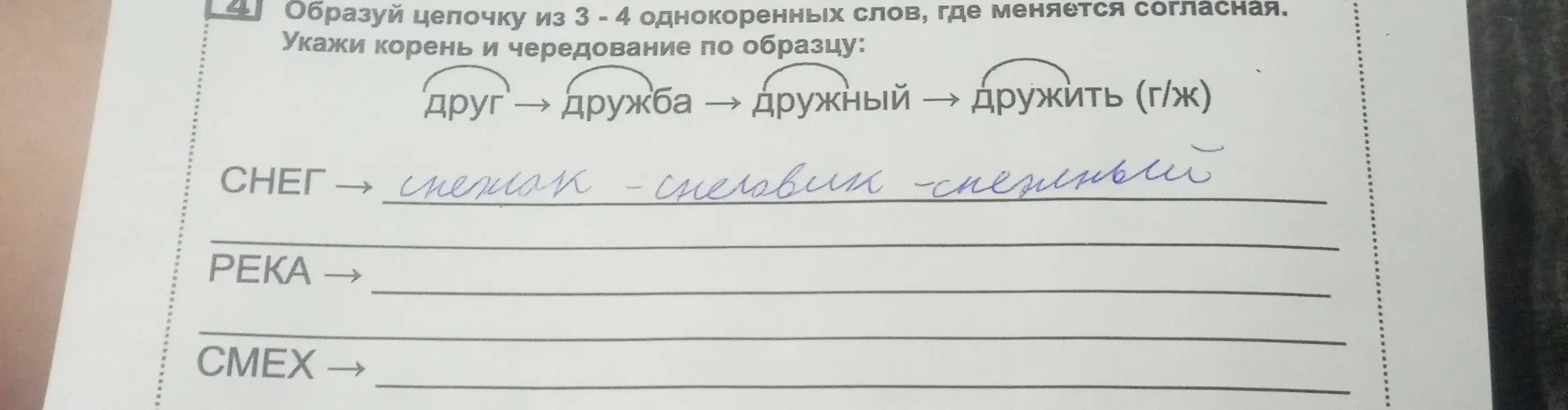 Образуй цепочку из 3 - 4 однокоренных слов, где меняется согласная.