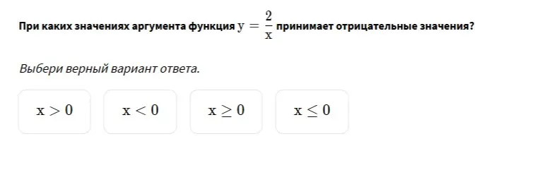 Определи, при каких значениях аргумента функция y = 2/x принимает отрицательные значения.