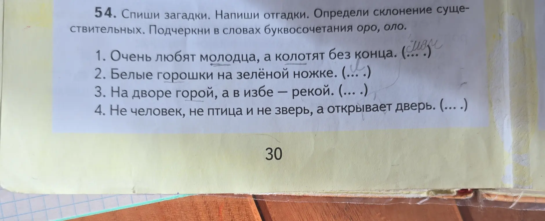 Спиши загадки, напиши отгадки, определи склонение существительных и подчеркни буквосочетания.
