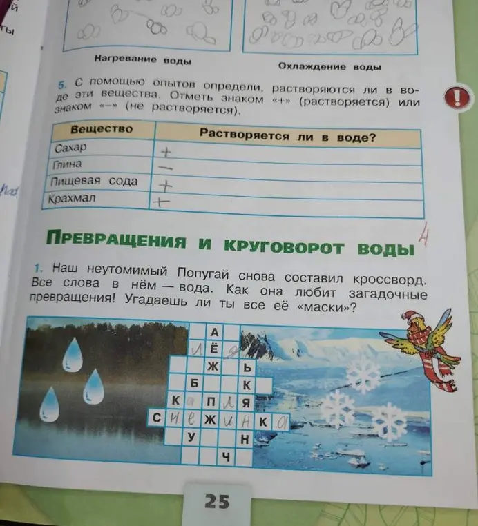 С помощью опытов определи, растворяются ли в воде эти вещества. Отметь знаком «+» (растворяется) или знаком «-» (не растворяется).