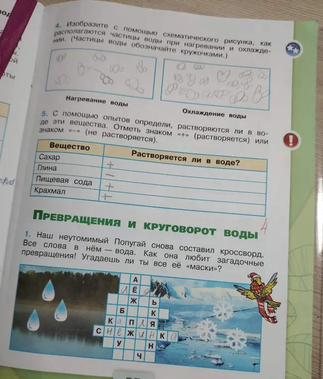Изобрази с помощью схематического рисунка, как располагаются частицы воды при нагревании и охлаждении.