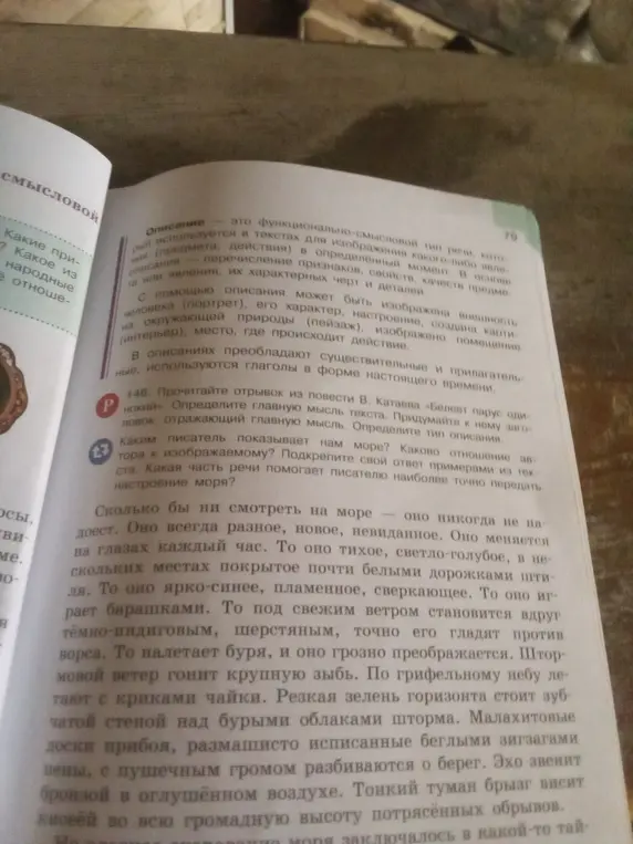 Прочитай отрывок из повести В. Катаева «Белеет парус одинокий», определи главную мысль текста, придумай заголовок, определи тип описания и каким писатель показывает нам море.
