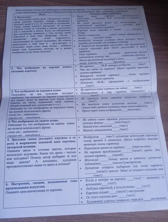 Предоставь план и речевые клише для написания сочинения по картине.