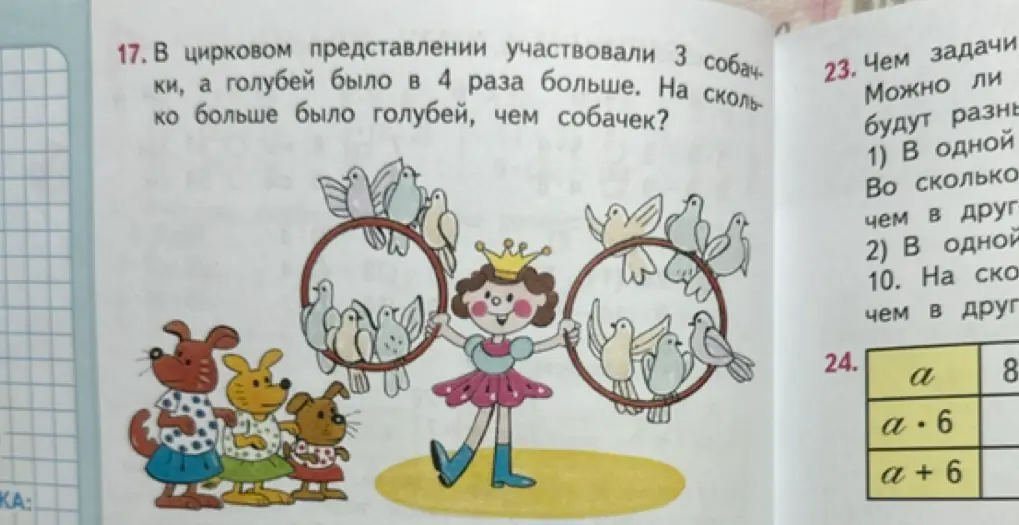 Реши задачу: В цирковом представлении участвовали 3 собачки, а голубей было в 4 раза больше. На сколько больше было голубей, чем собачек?