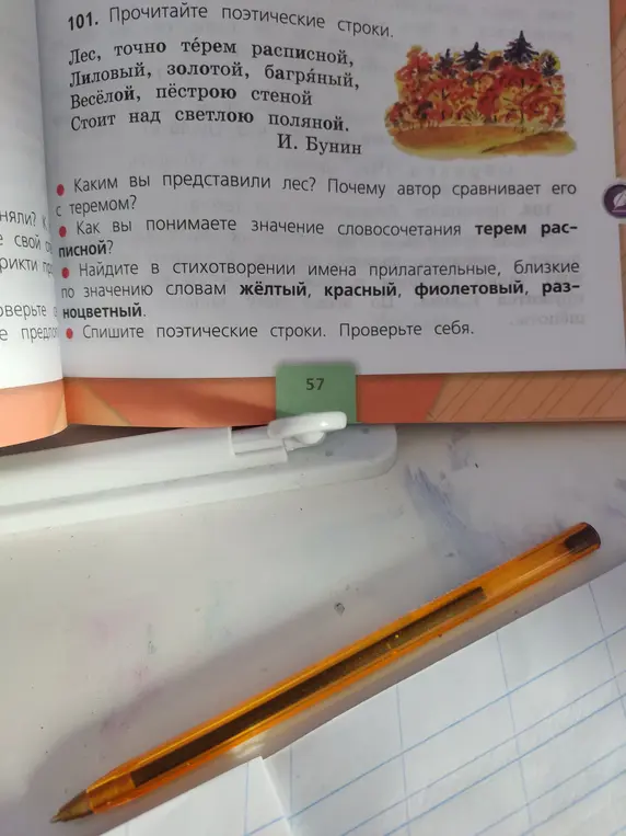 Ответь на вопросы по стихотворению Бунина: каким ты представляешь лес, почему автор сравнивает его с теремом? Как ты понимаешь значение словосочетания терем расписной? Найди в стихотворении имена прилагательные, близкие по значению словам жёлтый, красный, фиолетовый, разноцветный. Спиши поэтические строки. Проверь себя.