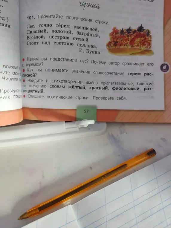 Найди в стихотворении имена прилагательные, близкие по значению словам жёлтый, красный, фиолетовый, разноцветный.