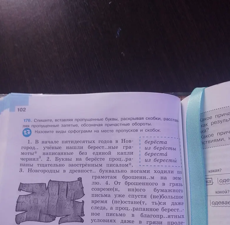 Спиши, вставляя пропущенные буквы, раскрывая скобки, расставляя пропущенные запятые, обозначая причастные обороты. Назови виды орфограмм на месте пропусков и скобок.