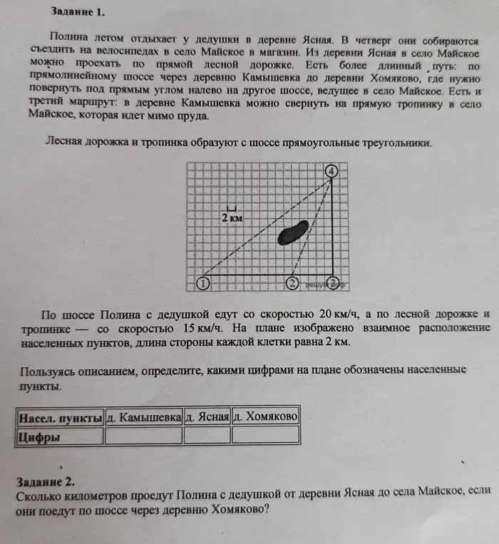Определи, какими цифрами на плане обозначены населенные пункты. Сколько километров проедут Полина с дедушкой от деревни Ясная до села Майское, если они поедут по шоссе через деревню Хомяково?