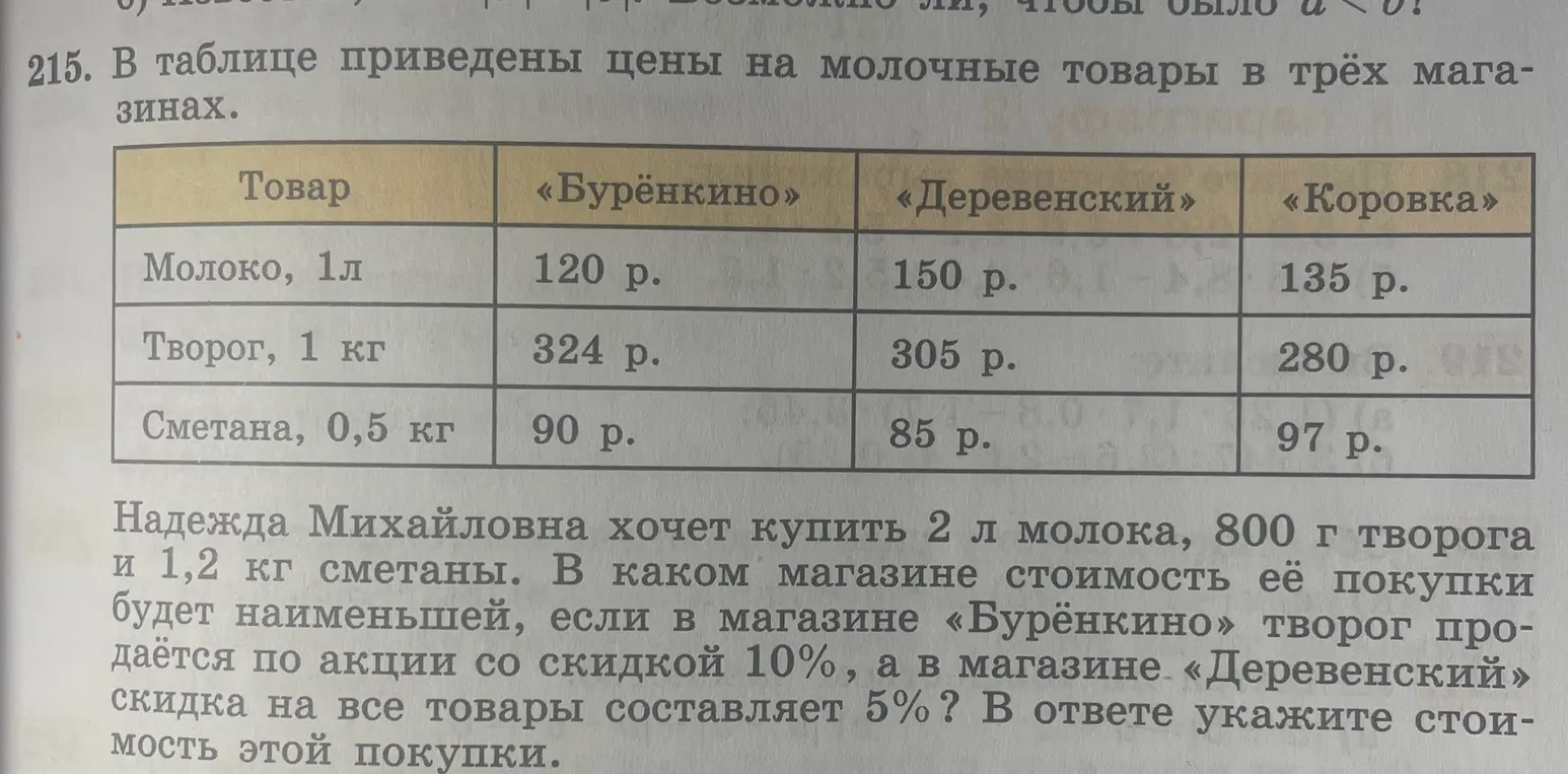 В таблице приведены цены на молочные товары в трёх магазинах. Определи, в каком магазине стоимость покупки 2 л молока, 800 г творога и 1,2 кг сметаны будет наименьшей, если в магазине «Бурёнкино» творог продаётся по акции со скидкой 10%, а в магазине «Деревенский» скидка на все товары составляет 5%.