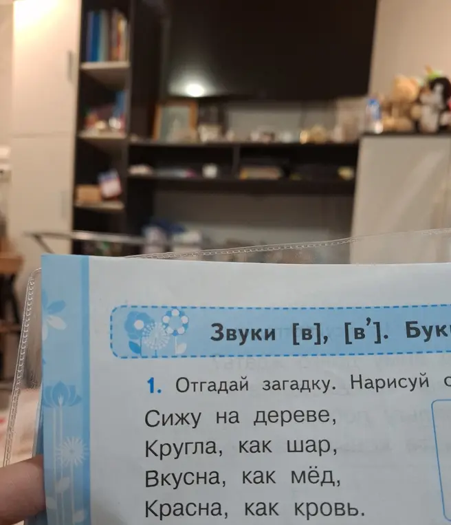 Отгадай загадку и нарисуй отгадку: Сижу на дереве, Кругла, как шар, Вкусна, как мёд, Красна, как кровь.