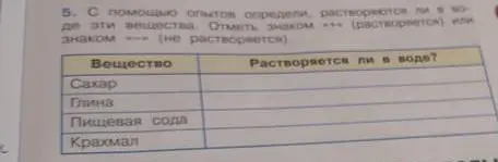 Определи, растворяются ли в воде сахар, глина, пищевая сода и крахмал.