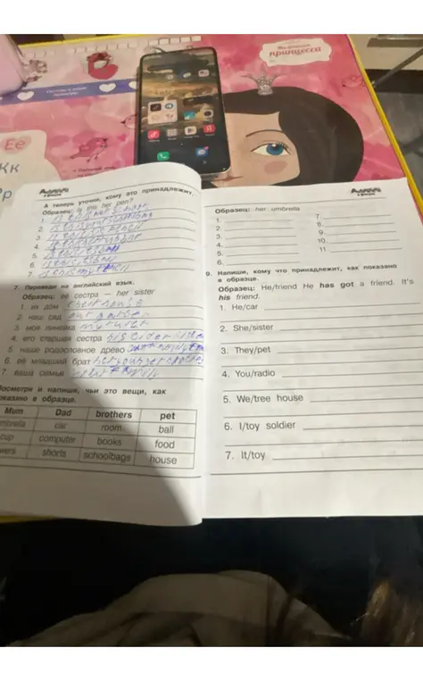 Переведи на английский язык: их дом, наш сад, моя линейка, его старшая сестра, наше родословное древо, её младший брат, ваша семья; напиши, кому что принадлежит, как показано в образце: he/car, she/sister, they/pet, you/radio, we/tree house, I/toy soldier, it/toy.