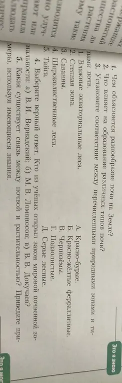Ответь на вопросы по географии: чем объясняется разнообразие почв на Земле, что влияет на образование различных типов почв, установи соответствие между перечисленными природными зонами и типами почв, выбери верный ответ, кто из учёных открыл закон мировой почвенной зональности и какая существует связь между почвой и растительностью.