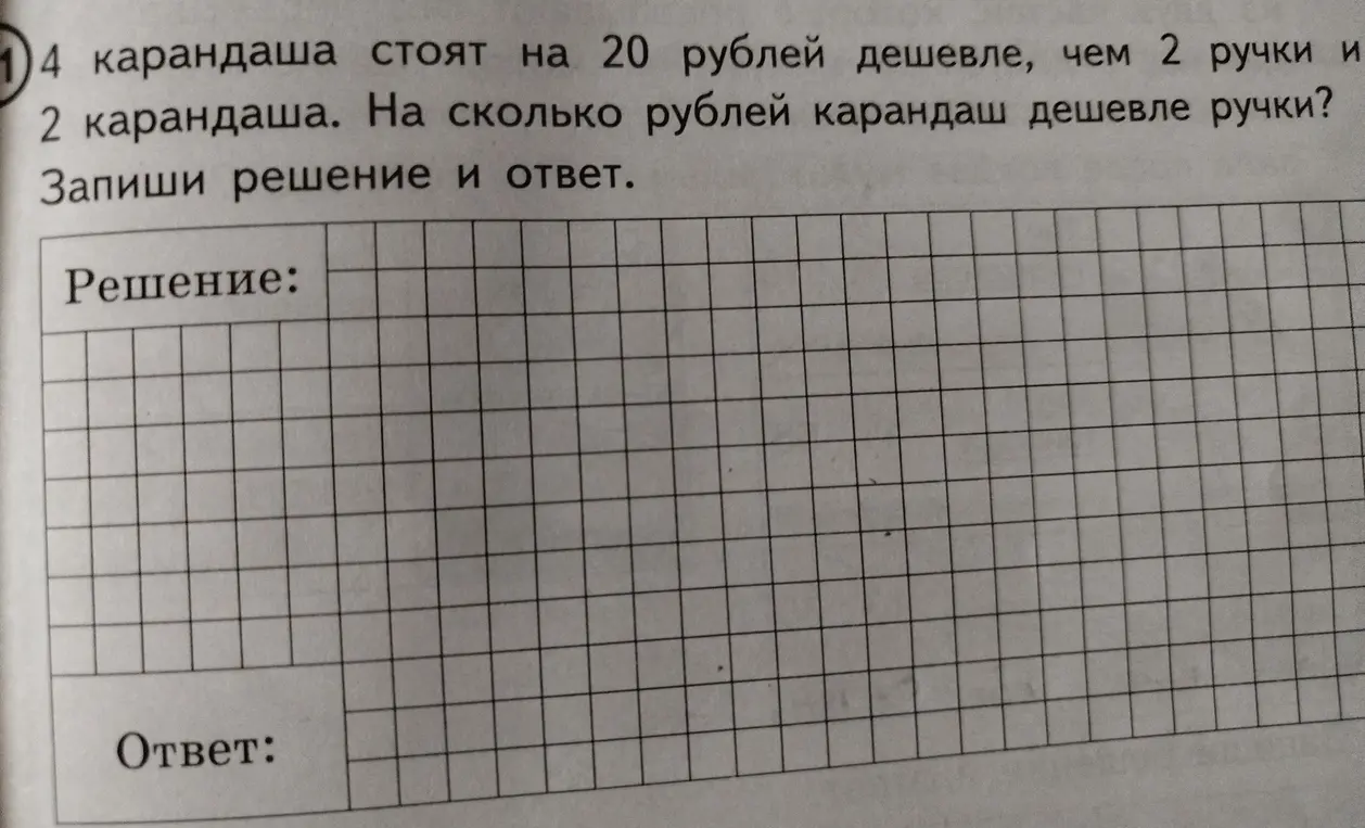 Реши задачу: 4 карандаша стоят на 20 рублей дешевле, чем 2 ручки и 2 карандаша. На сколько рублей карандаш дешевле ручки?