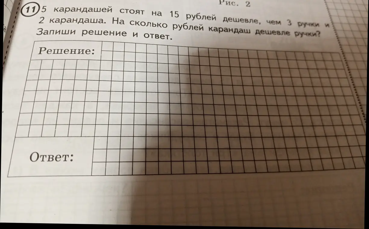 Реши задачу: 5 карандашей стоят на 15 рублей дешевле, чем 3 ручки и 2 карандаша. На сколько рублей карандаш дешевле ручки?