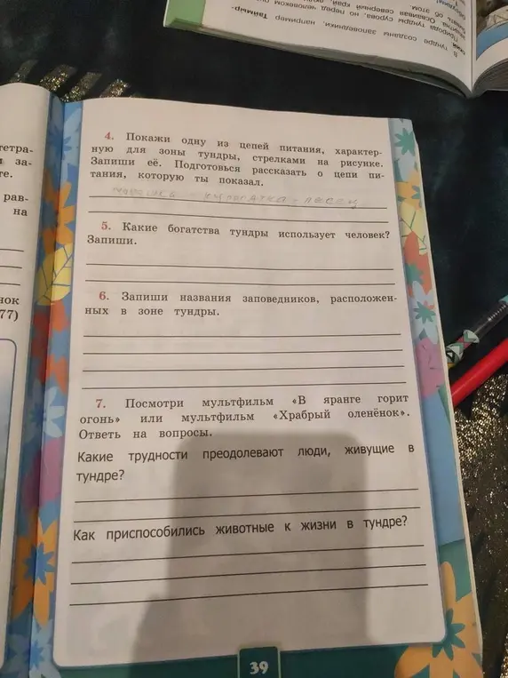 Покажи одну из цепей питания для зоны тундры, запиши её, подготовься рассказать о цепи питания, которую ты показал. Какие богатства тундры использует человек? Запиши названия заповедников, расположенных в зоне тундры. Какие трудности преодолевают люди, живущие в тундре? Как приспособились животные к жизни в тундре?