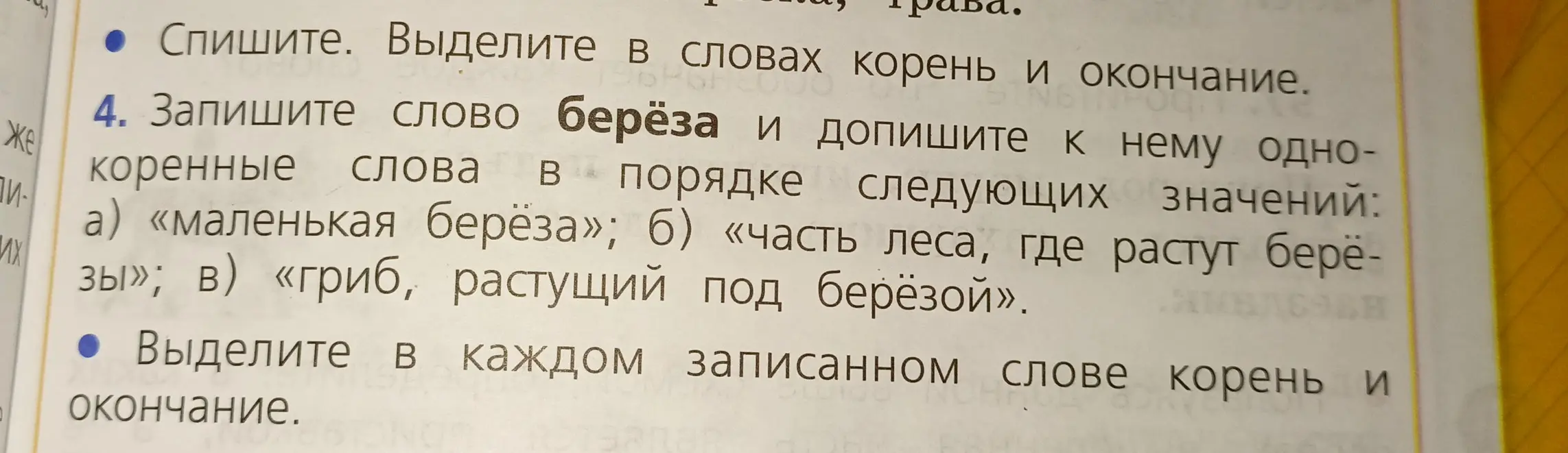 Запиши однокоренные слова к слову берёза в порядке значений: маленькая берёза, часть леса где растут берёзы, гриб растущий под берёзой и выдели корень и окончание в каждом слове.