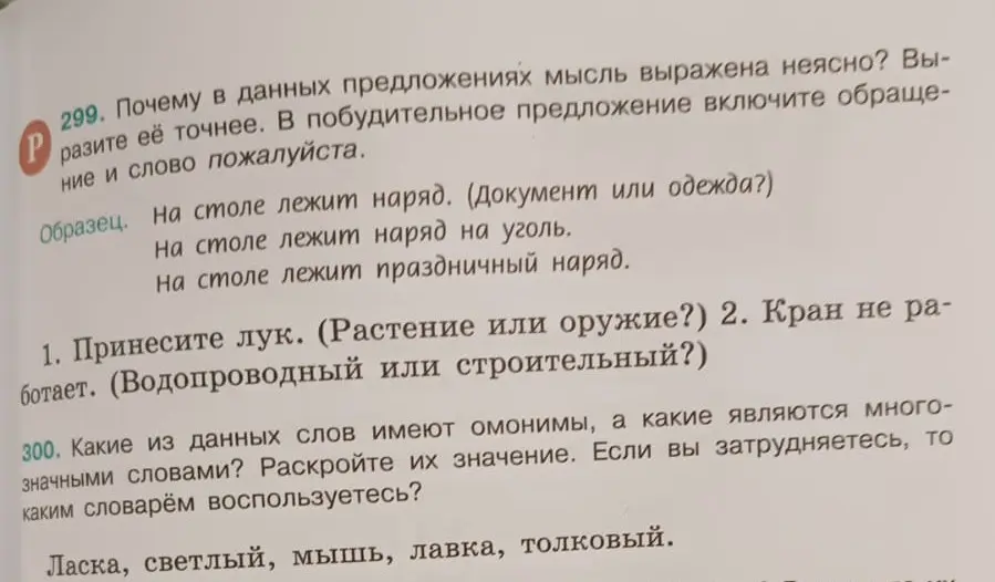Вырази точнее предложения: 1. Принесите лук. (Растение или оружие?) 2. Кран не работает. (Водопроводный или строительный?)