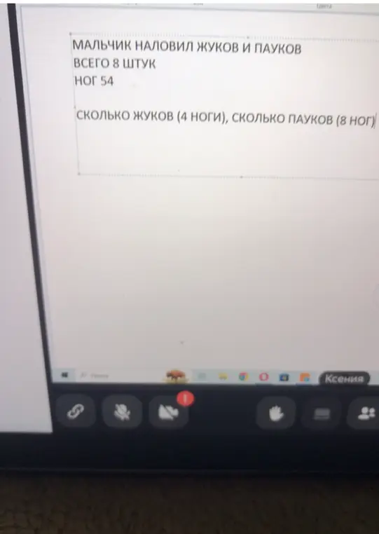 Реши задачу: Мальчик наловил жуков и пауков, всего 8 штук, ног 54. Сколько жуков (4 ноги), сколько пауков (8 ног)?