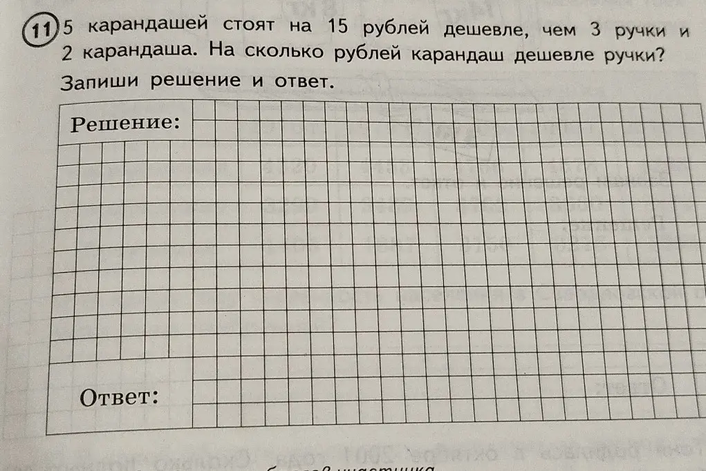 Определи, на сколько рублей карандаш дешевле ручки, если 5 карандашей стоят на 15 рублей дешевле, чем 3 ручки и 2 карандаша.