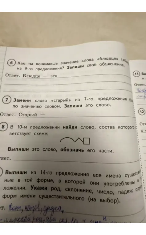 Ответь на вопросы по русскому языку: определи значение слова, подбери синоним, найди слово по схеме и определи имена существительные, род, склонение, число и падеж.