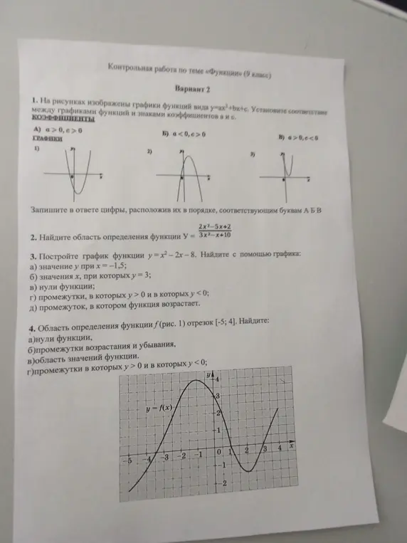 Найди нули, промежутки возрастания и убывания, область значений и промежутки, где y > 0 и y < 0 функции f на отрезке [-5; 4] по графику.