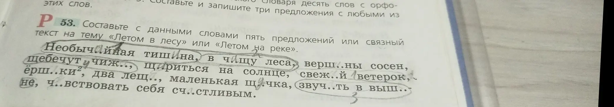 Составь с данными словами пять предложений или связный текст на тему «Летом в лесу» или «Летом на реке»