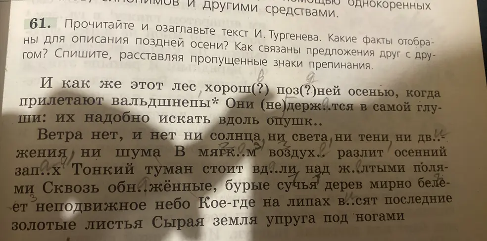 Прочитай и озаглавь текст И. Тургенева о поздней осени, спиши, расставляя пропущенные знаки препинания.