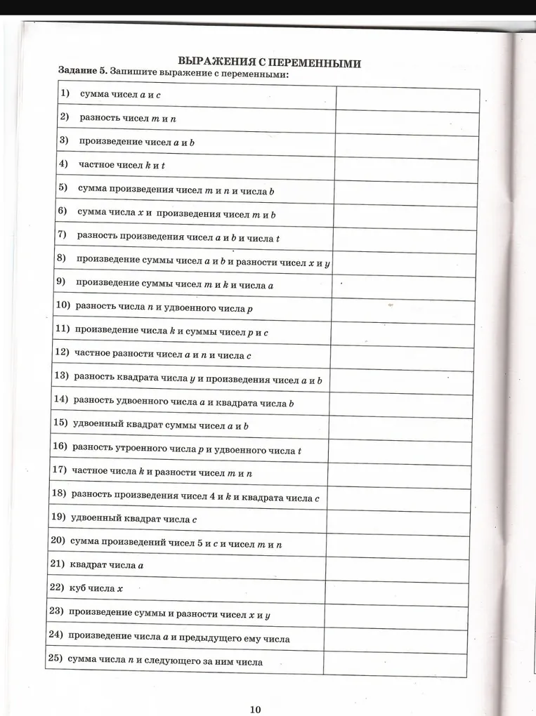 Запиши выражения с переменными: сумма чисел a и c; разность чисел m и n; произведение чисел a и b; частное чисел k и t; и так далее до 25-го пункта.