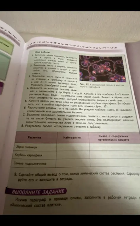 Заполни таблицу результатов исследования о содержании органических веществ в растениях и сделай вывод.