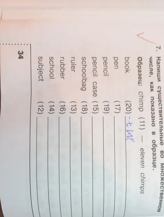 Напиши существительные во множественном числе: book, pen, pencil, pencil case, schoolbag, ruler, rubber, school, subject.