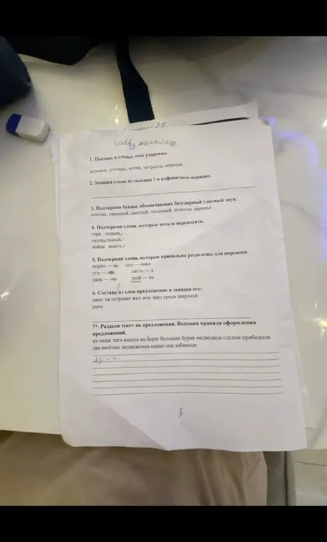 Расставь знаки ударения, запиши слова в алфавитном порядке, подчеркни буквы, обозначающие безударный гласный звук, слова, которые нельзя переносить и которые правильно разделены для переноса, составь предложение и раздели текст на предложения.