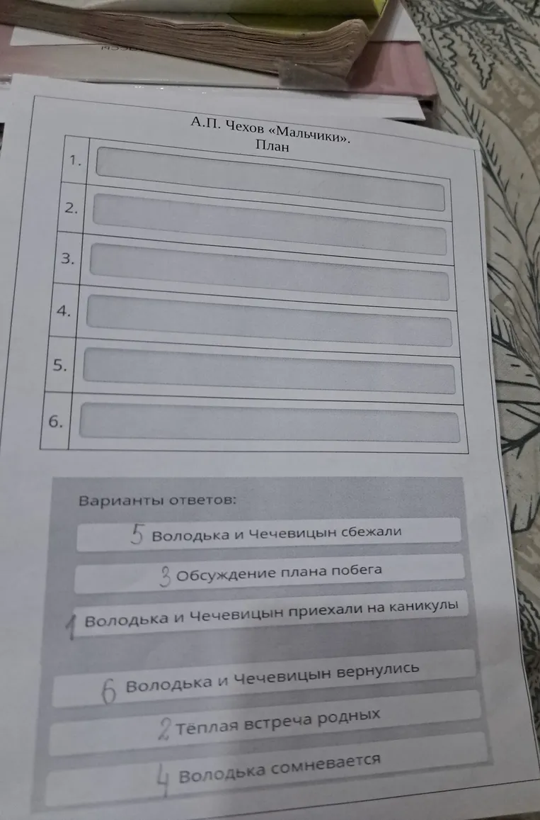 Составь план рассказа А.П. Чехова «Мальчики».