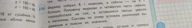 Составь различные выражения по условию задачи: фермер собрал 8 т моркови, а свёклы на 4 т больше. Половину моркови и четвёртую часть свёклы переработали на сок, а оставшиеся овощи увезли в магазины, и поясни их значения.