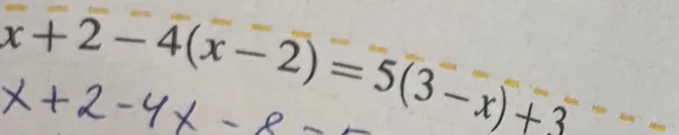 Реши уравнение x+2-4(x-2)=5(3-x)+3